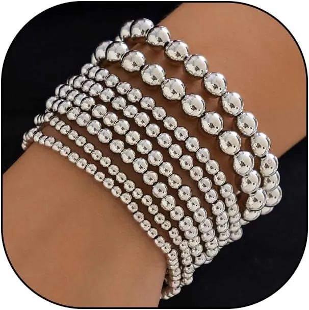 GIGB PBDK Gold Layered String Beads Bracelets Set for Women Men,Trendy Silver Stretch Beaded Bangles Stackable Balls Bracelets Jewelry Accessories Gifts