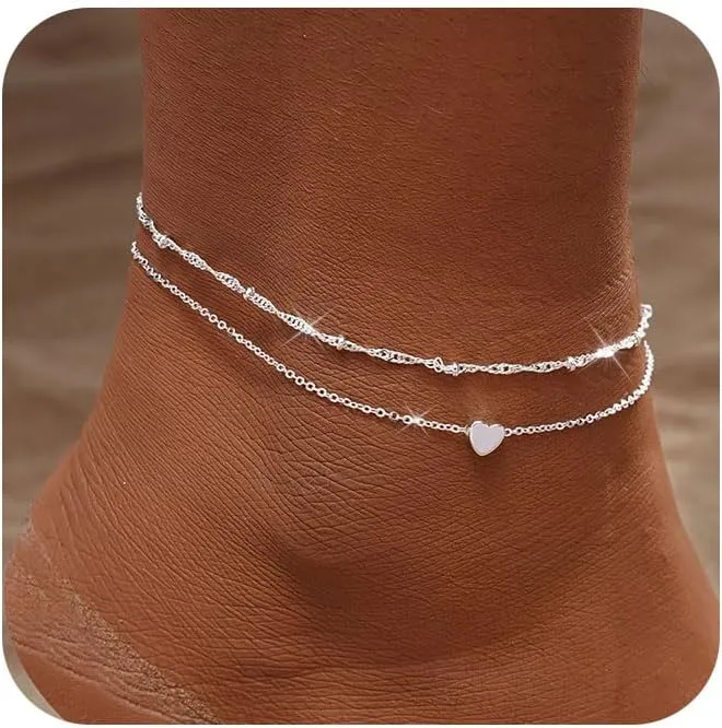 Gold Ankle Bracelets for women,14k Gold/Silver Plated Waterproof Layered lightweight Cuban Link Figaro Chain Heart anklet butterfly anklet Pearl Ankle Bracelets Set Gold Anklets for women Trendy Jewelry Gift for Women