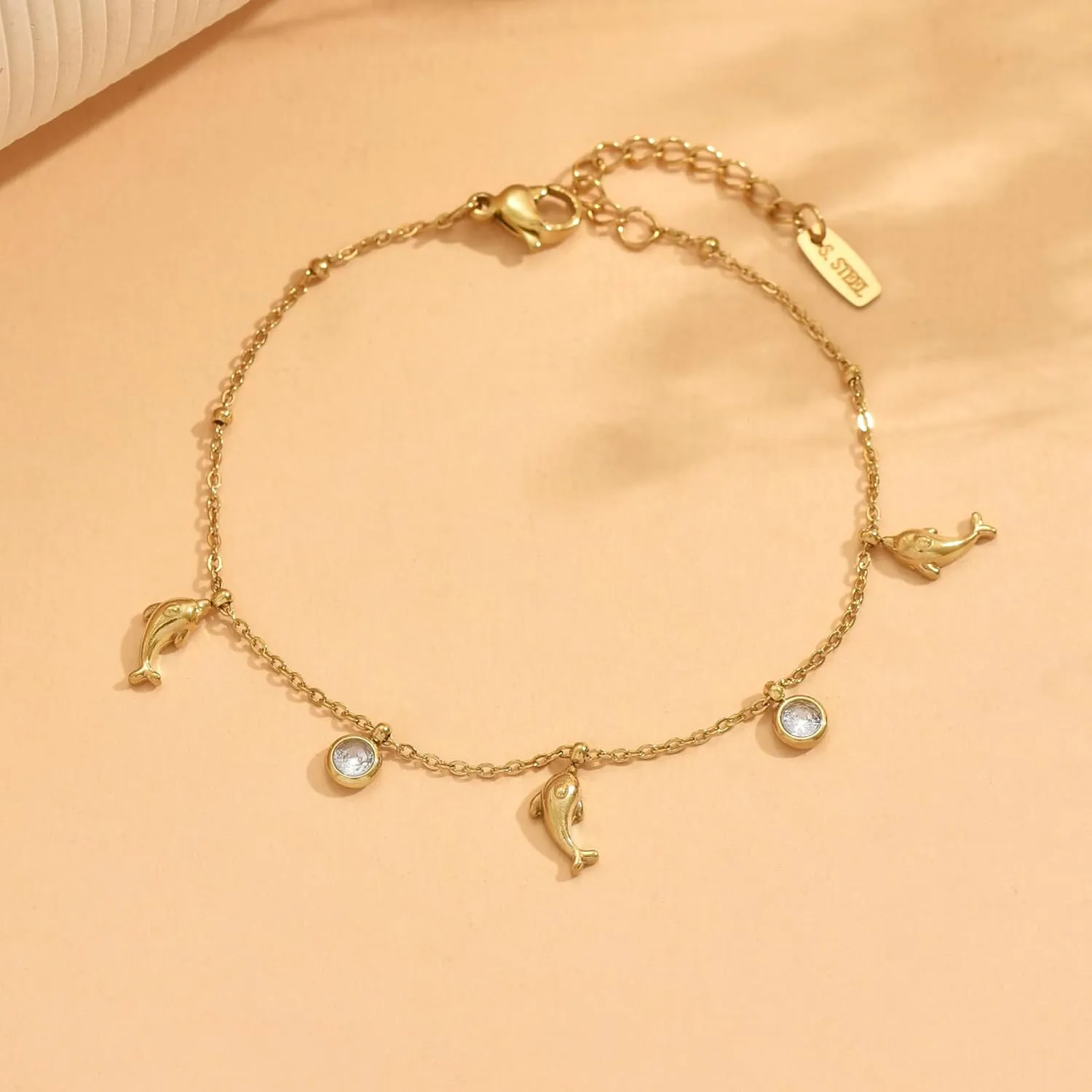 Gold Bracelet for Women 18K Gold Plated Diamond Charm Bracelets Dainty Star Flower Shell Dragonfly Dolphin Bracelet Cute CZ Charm Everyday Summer Beach Jewelry