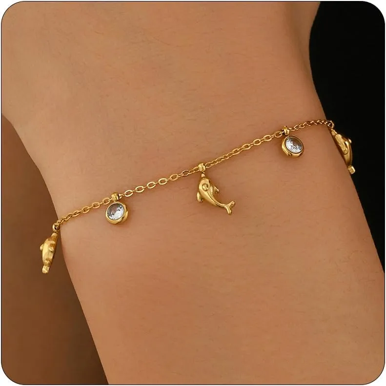 Gold Bracelet for Women 18K Gold Plated Diamond Charm Bracelets Dainty Star Flower Shell Dragonfly Dolphin Bracelet Cute CZ Charm Everyday Summer Beach Jewelry