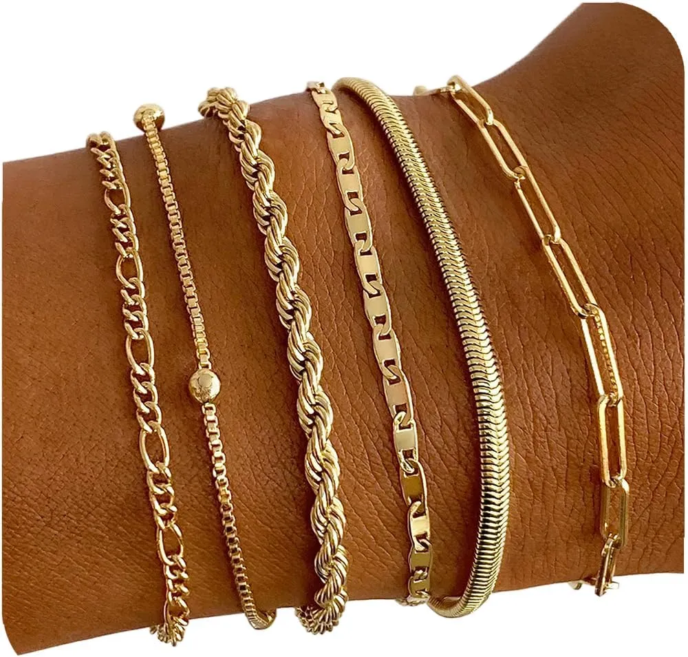 Gold Bracelets for Women, 14K Gold Plated Jewelry Set Stackable Bracelets Dainty Layered Trendy Waterproof Link Chain