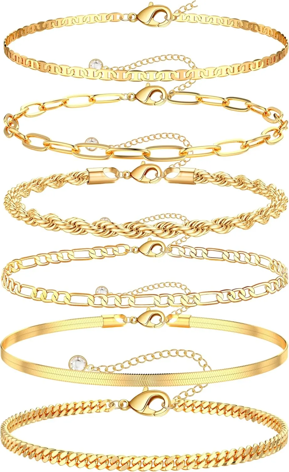Gold Bracelets for Women 14k Gold Waterproof Layered Cuban Figaro Paperclip Rope Herringbone Snake Chain Bracelets Set Stackable Jewelry Gift
