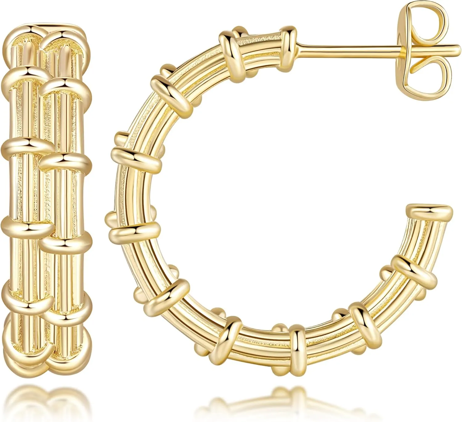 Gold Earrings 14K Gold Hoop Earrings for Women Trendy Symbolic Bamboo Design Chunky Hoop Stud Earring for Women 22mm