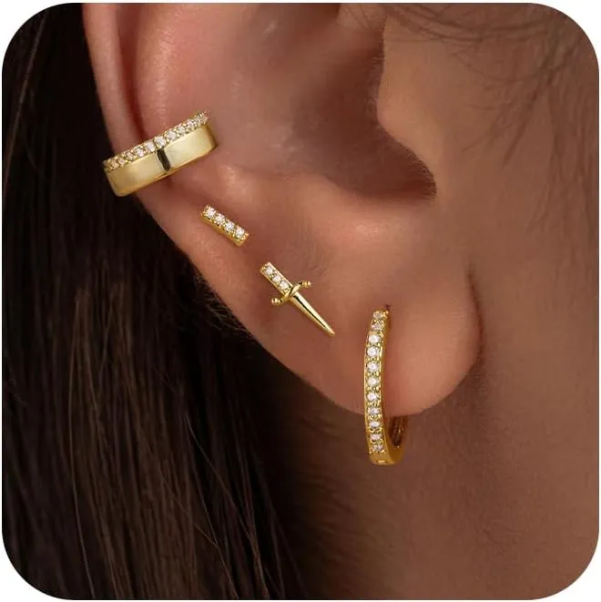 Gold Earrings for Women Trendy, 14K Hoop Huggies Small Dainty Lightweight Studs Cuffs Set Cartilage Multiple Piercing Jewelry Gifts