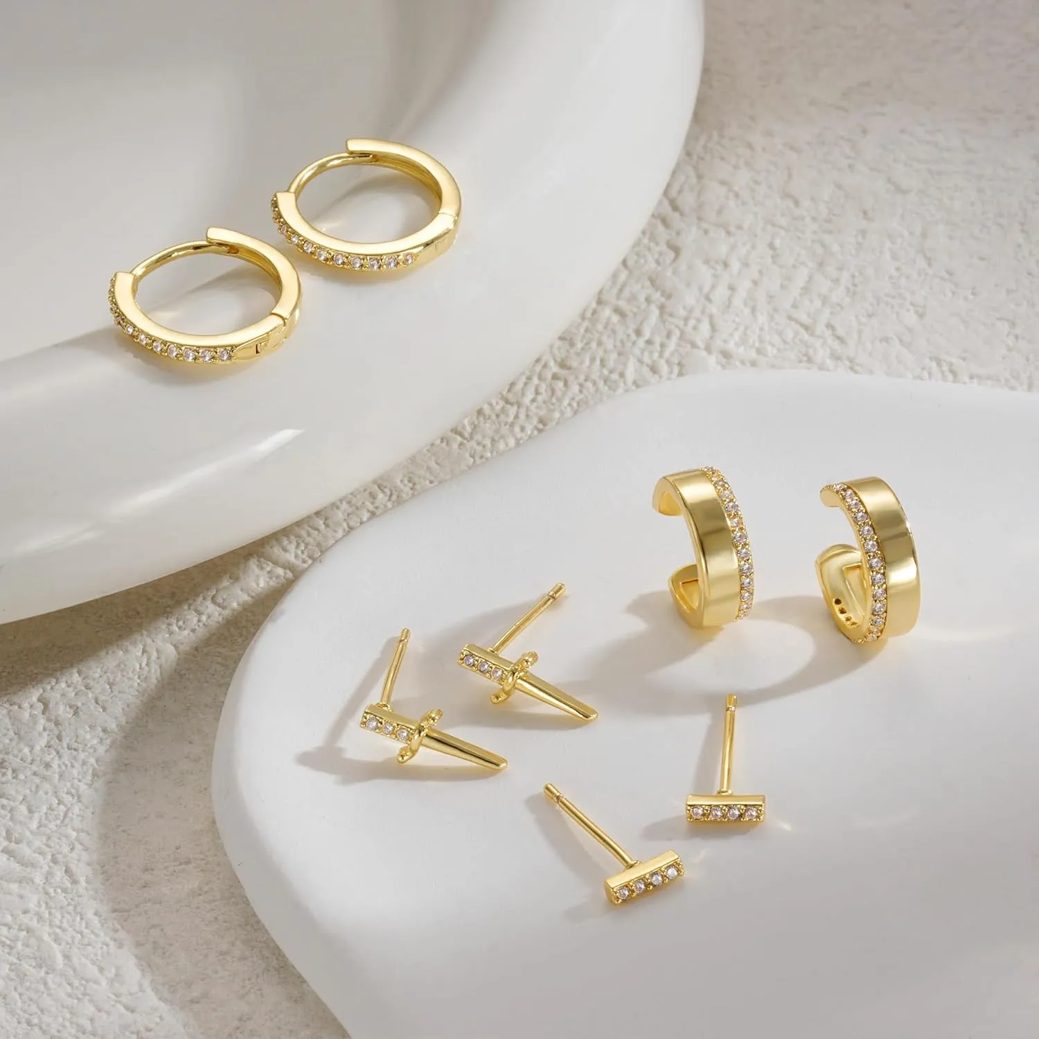 Gold Earrings for Women Trendy, 14K Hoop Huggies Small Dainty Lightweight Studs Cuffs Set Cartilage Multiple Piercing Jewelry Gifts
