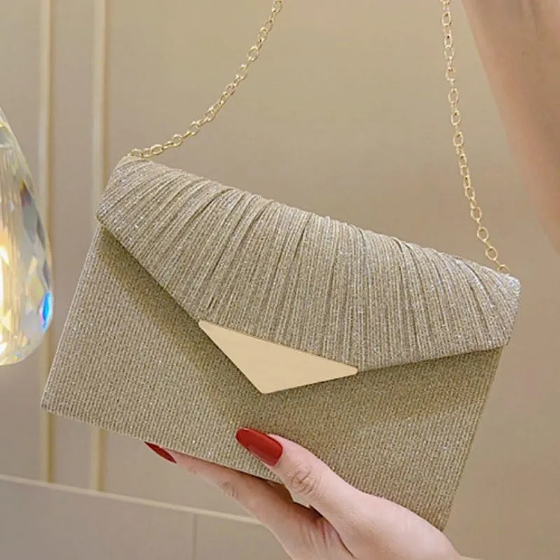 Gold Fabric Pleats Clutch Purses French Versatile Evening Bag