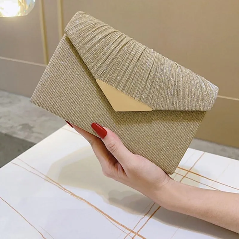 Gold Fabric Pleats Clutch Purses French Versatile Evening Bag