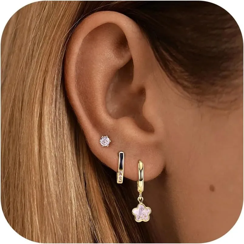 Gold Hoop Earrings Set for Women Dainty Stud Huggie Hoop Earrings for Multiple Piercing 14K Gold Plated Hoop Earrings Birthday Party Gifts