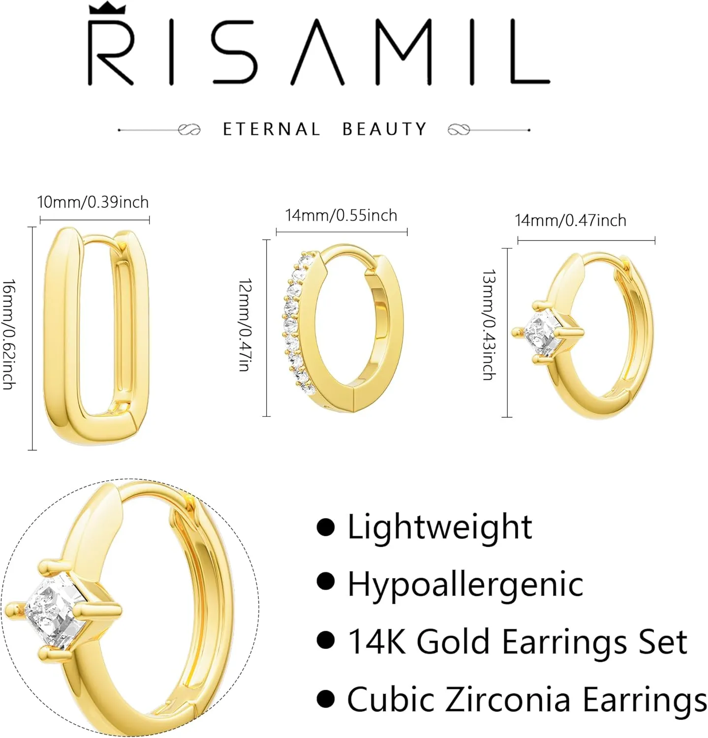 Gold Hoop Earrings - Women's Trendy Hypoallergenic Cubic Zirconia Stud Earrings