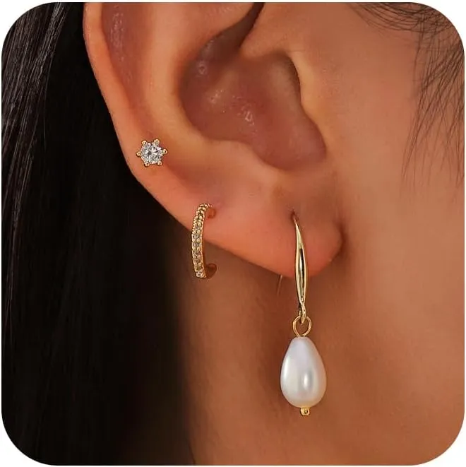 Gold Pearl Earrings For Women 14K Gold Hoop Earrings for Women Trendy Dainty Gold Stud Earrings Set for Women Gold Jewelry