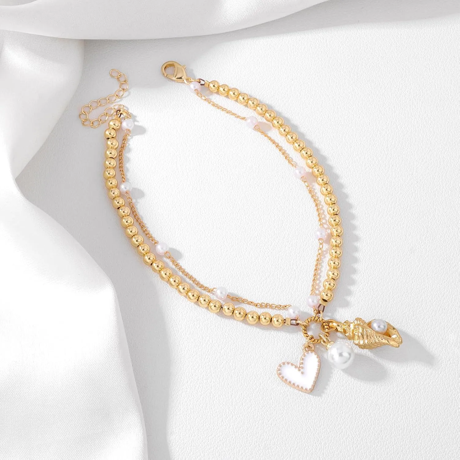 Gold Shell Charms Anklets Set for Women Boho bead Dainty Adjustable ankle bracelets for women waterproof Summer beach Pearl 18k Gold Anklet jewelry for women Gift