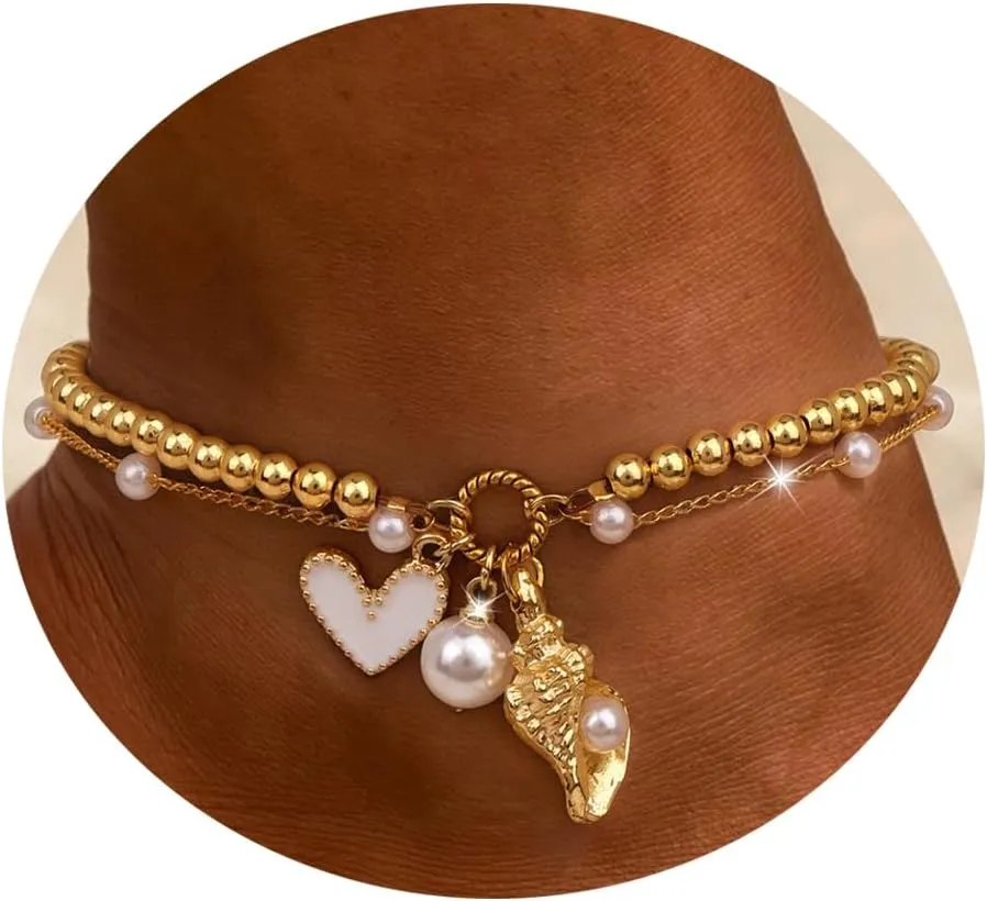 Gold Shell Charms Anklets Set for Women Boho bead Dainty Adjustable ankle bracelets for women waterproof Summer beach Pearl 18k Gold Anklet jewelry for women Gift