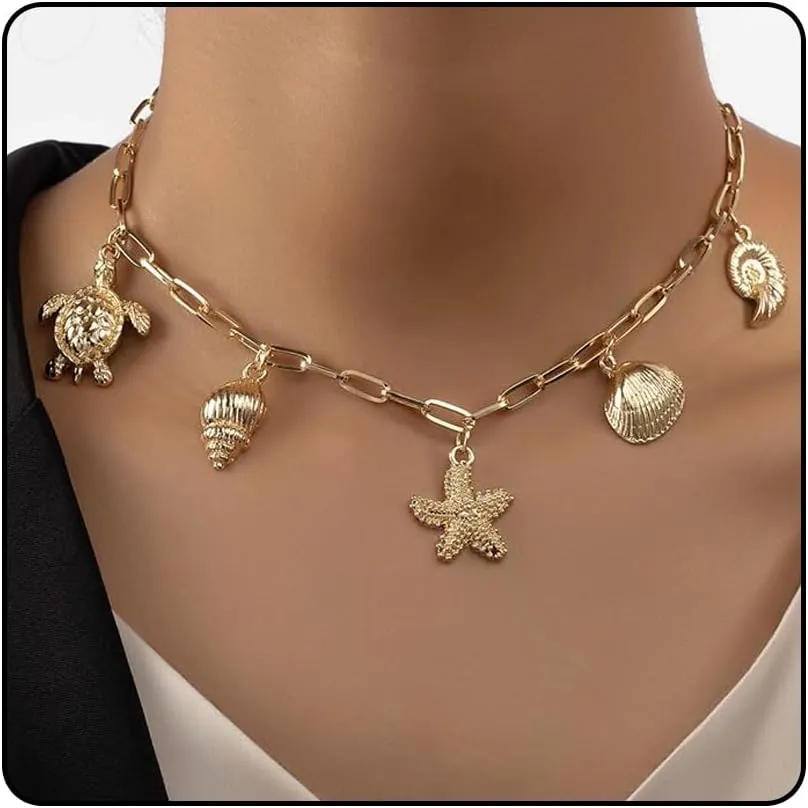 Gold Shell Necklace for Women 14k Gold Plated Seahell Starfish Conch Shell Sea Turtle Fishtail Charm Necklace Paperclip Chain Choker Summer Beach Surfer Jewelry Accessories