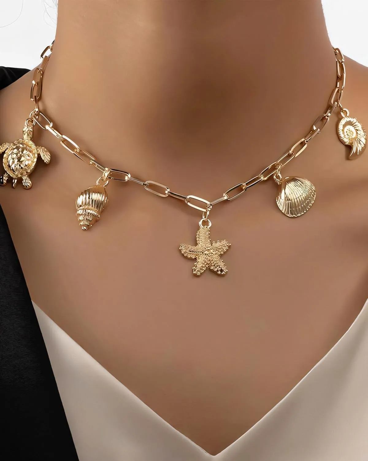 Gold Shell Necklace for Women 14k Gold Plated Seahell Starfish Conch Shell Sea Turtle Fishtail Charm Necklace Paperclip Chain Choker Summer Beach Surfer Jewelry Accessories