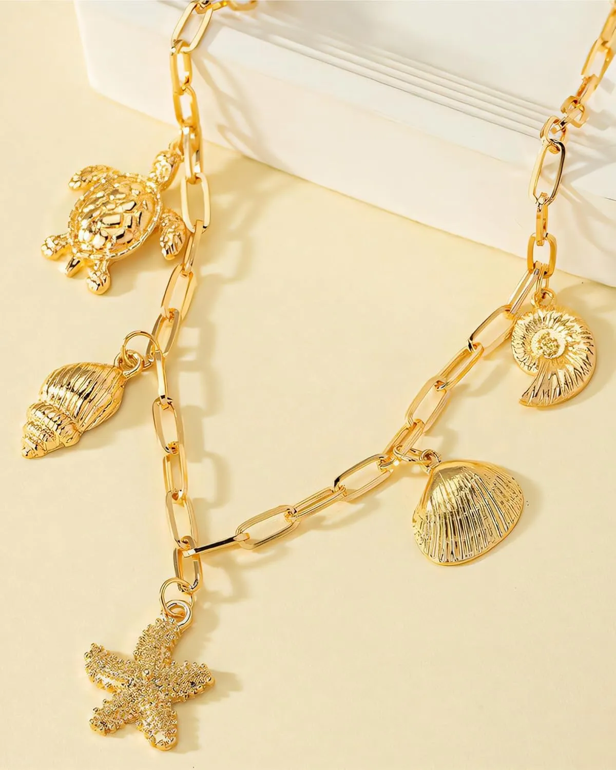 Gold Shell Necklace for Women 14k Gold Plated Seahell Starfish Conch Shell Sea Turtle Fishtail Charm Necklace Paperclip Chain Choker Summer Beach Surfer Jewelry Accessories