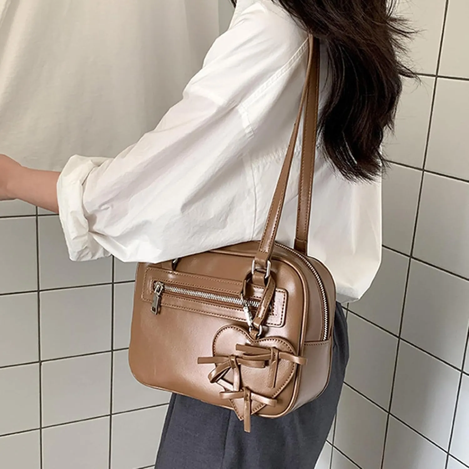 Guojiang Elegant Korean Handbag Simple Square Bag PU Leather Shoulder Bags Casual Handbags Satchel for Women Girls