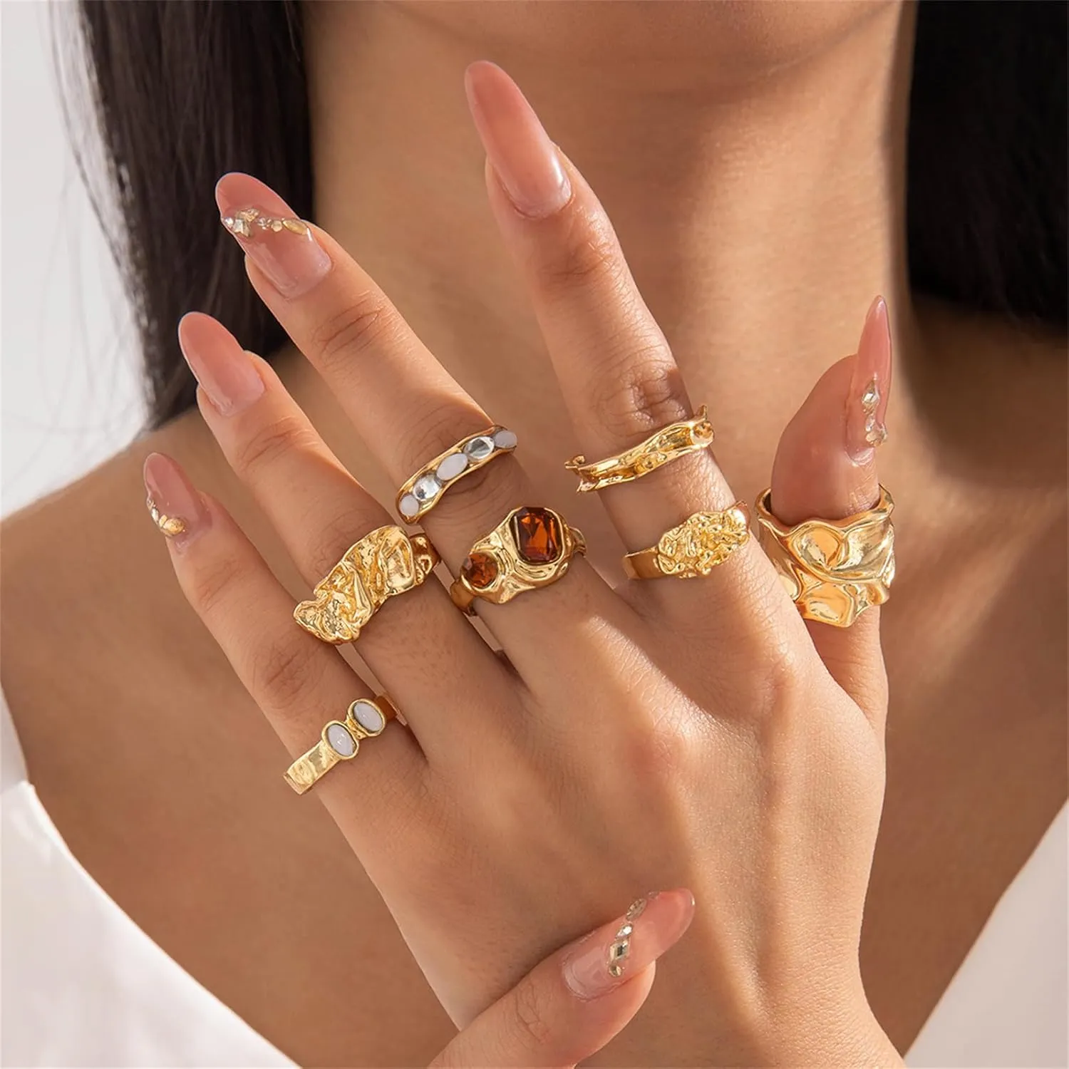 GYRMMUE Chunky Gold Ring Set,Vintage Geometry Knuckle Rings Exaggerated Irregularity Stacking Ring Boho Snake/Pearl/Flower/Bow Finger Midi Rin Statement Jewelry for Women
