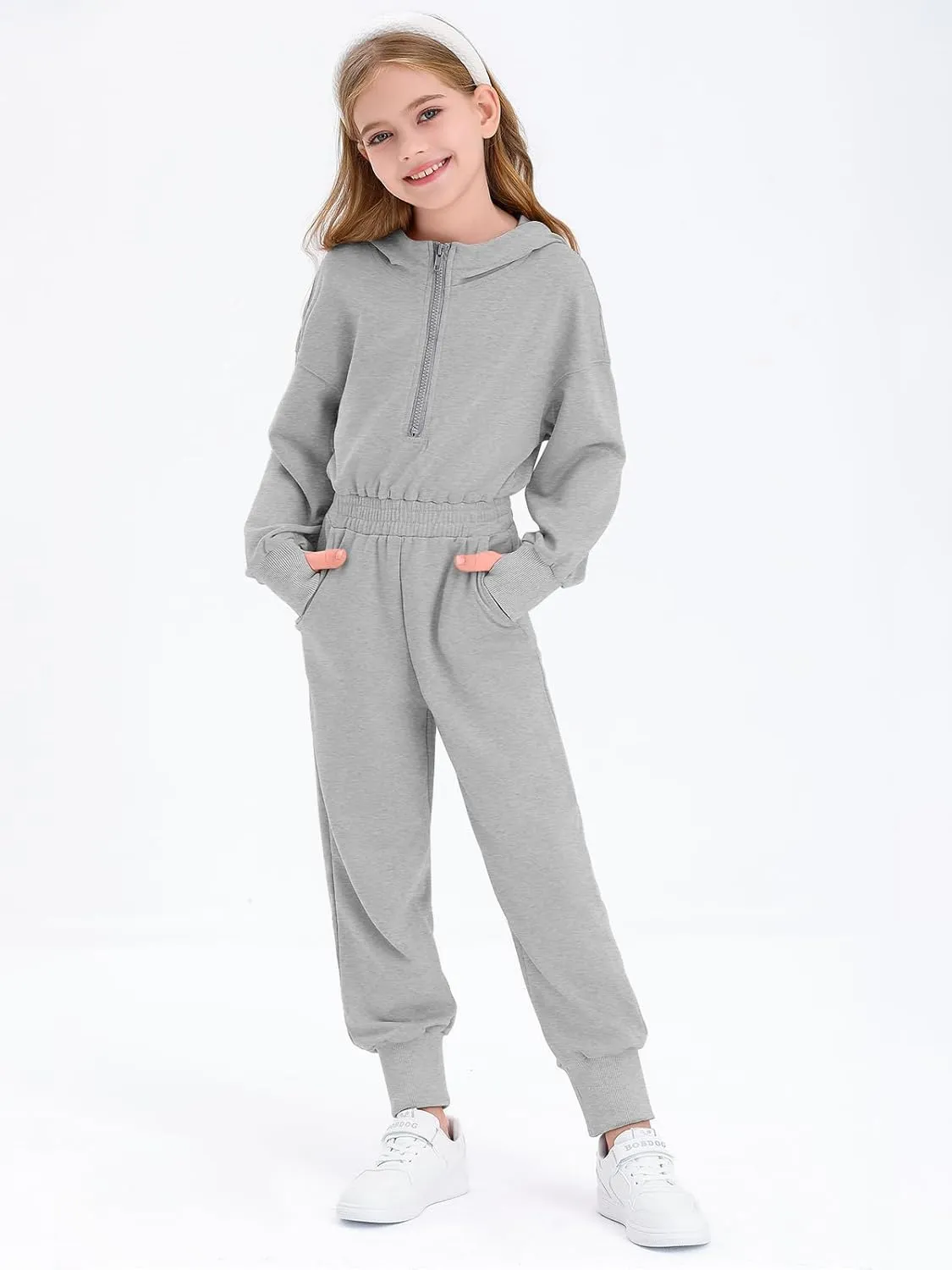 Haloumoning Girls Casual Jumpsuits Long Sleeve Hoodie Rompers Long Onesie with Pockets 4-14 T