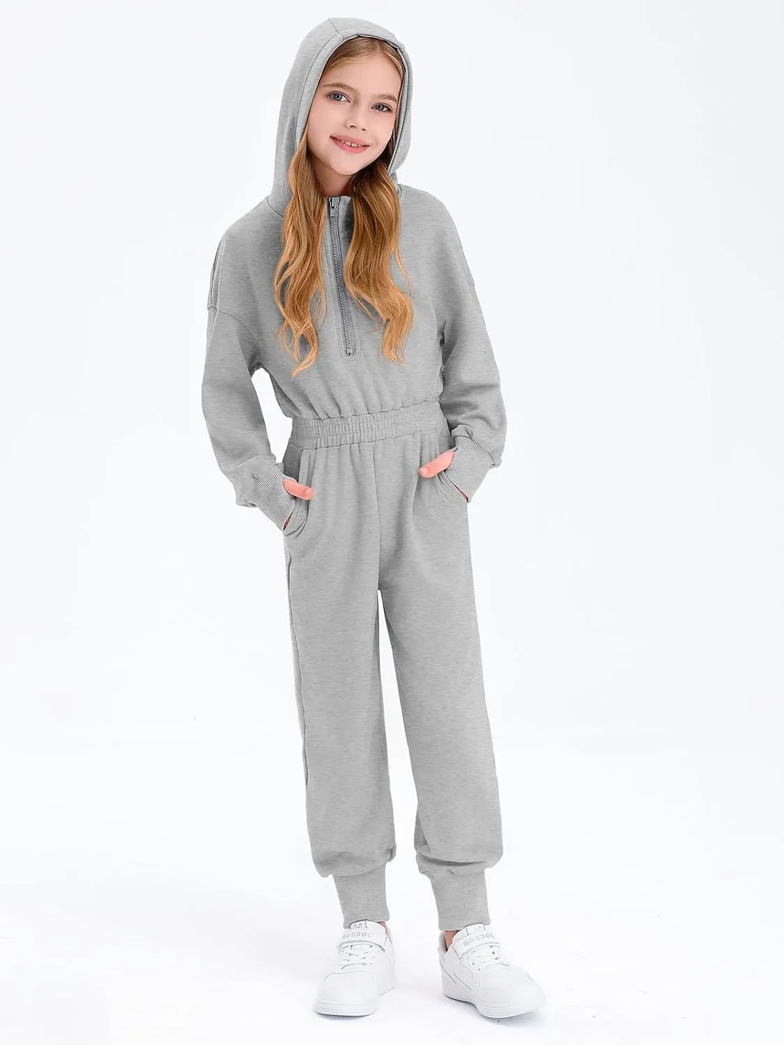 Haloumoning Girls Casual Jumpsuits Long Sleeve Hoodie Rompers Long Onesie with Pockets 4-14 T