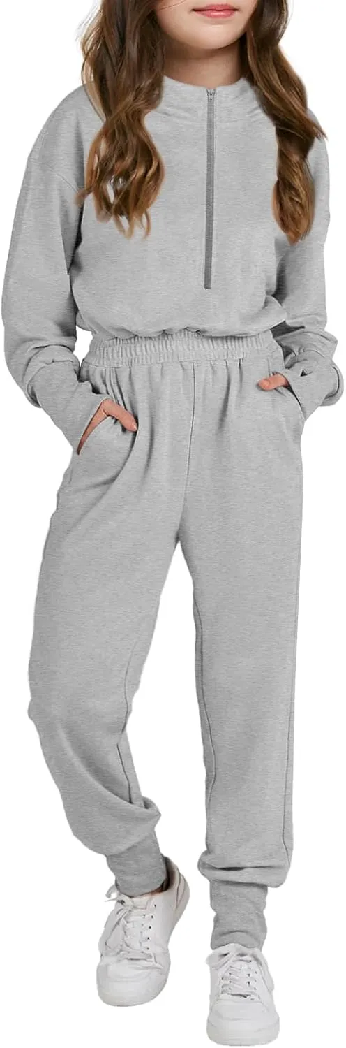 Haloumoning Girls Casual Jumpsuits Long Sleeve Hoodie Rompers Long Onesie with Pockets 4-14 T