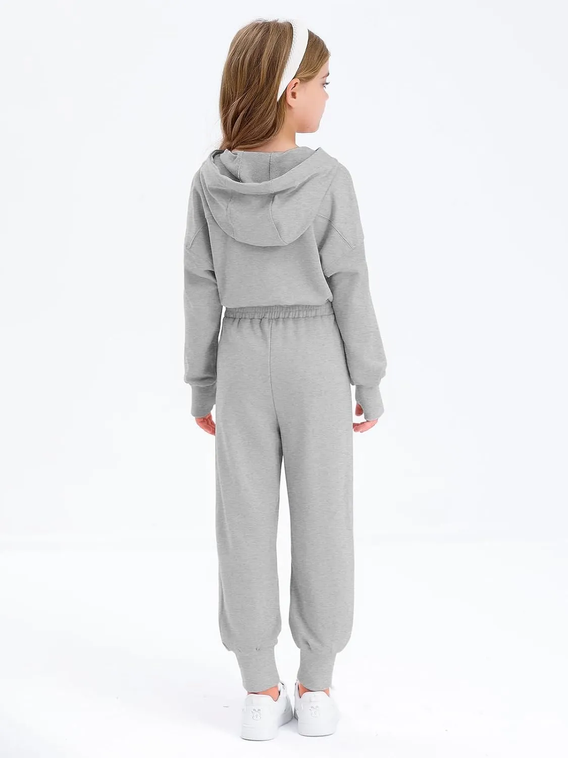 Haloumoning Girls Casual Jumpsuits Long Sleeve Hoodie Rompers Long Onesie with Pockets 4-14 T