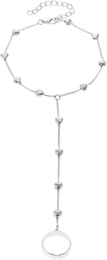 Hand Chain Rings Bracelets for Women Dainty Gold Finger Bracelet Ring Hand Chain Bracelets Butterfly Heart Pearl Hand Jewelry Ring Bracelet for Women Summer Trendy Stuff