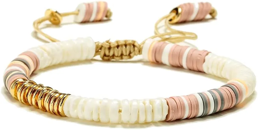 Handmade Braided Puka Shell Bracelet Anklet bracelet coquillage surf bracelet Adjustable Seashell Summer Bracelets Disc (Shell Polymer Clay Gold)