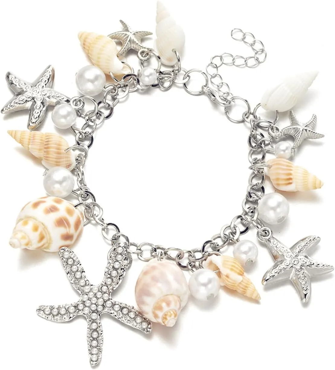 Handmade Starfish Seashell Pearl Bracelets for Women Gold Plated Bohemian Charm Sea Shell Couch Beads Adjustable Chain Anklet Bracelets Hawaiian Beach Holiday Mermaid Costume Jewelry Gifts