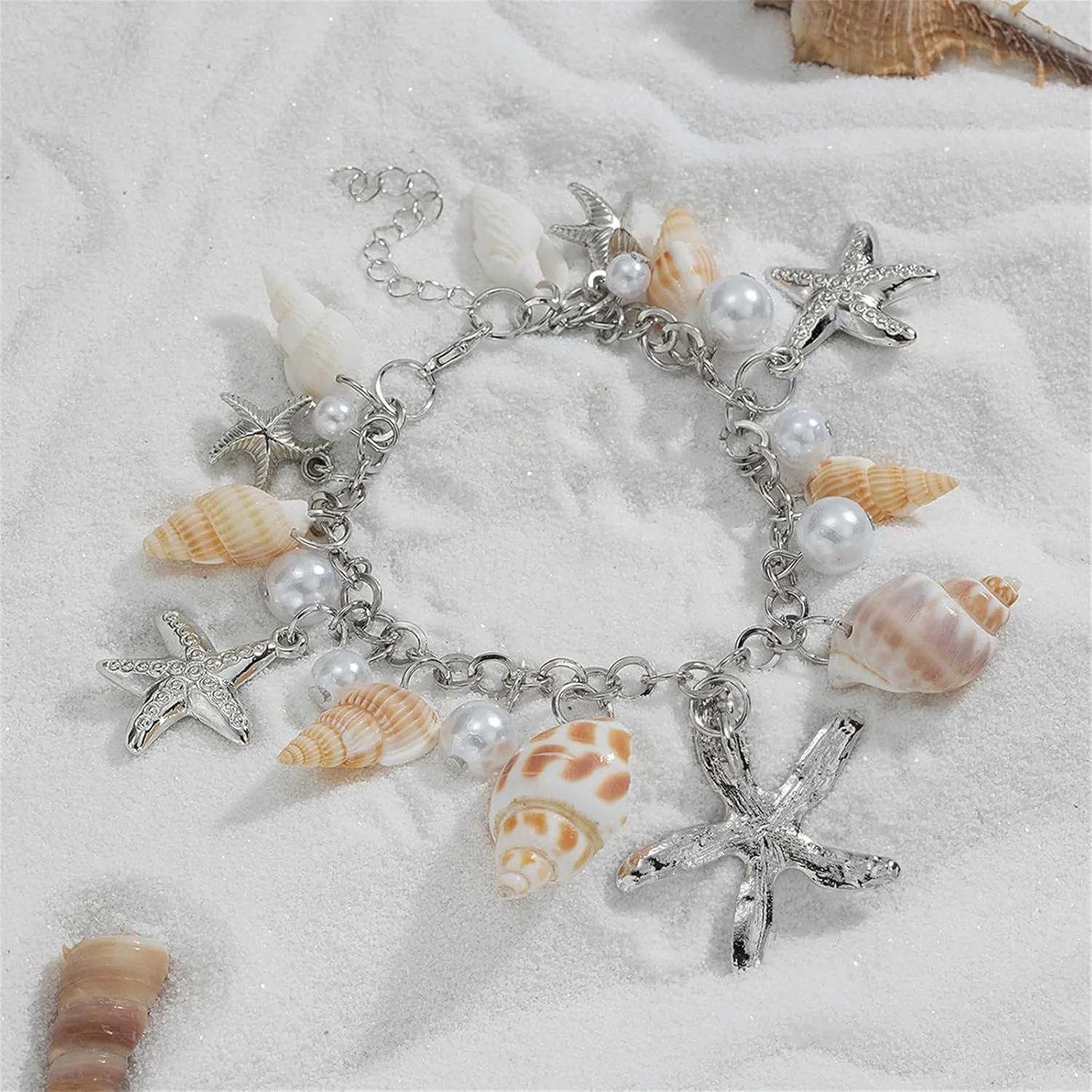 Handmade Starfish Seashell Pearl Bracelets for Women Gold Plated Bohemian Charm Sea Shell Couch Beads Adjustable Chain Anklet Bracelets Hawaiian Beach Holiday Mermaid Costume Jewelry Gifts