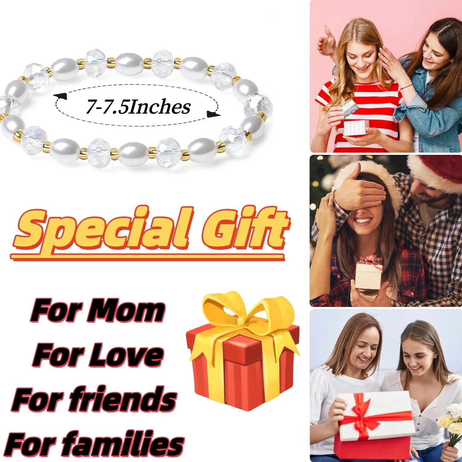 Handmade Women's Stretch Bracelets Pearl Crystal faceted Austrian Crystal Multicolor 8MM Crystal Beads Shell Pearl Jewelry for Women (White)