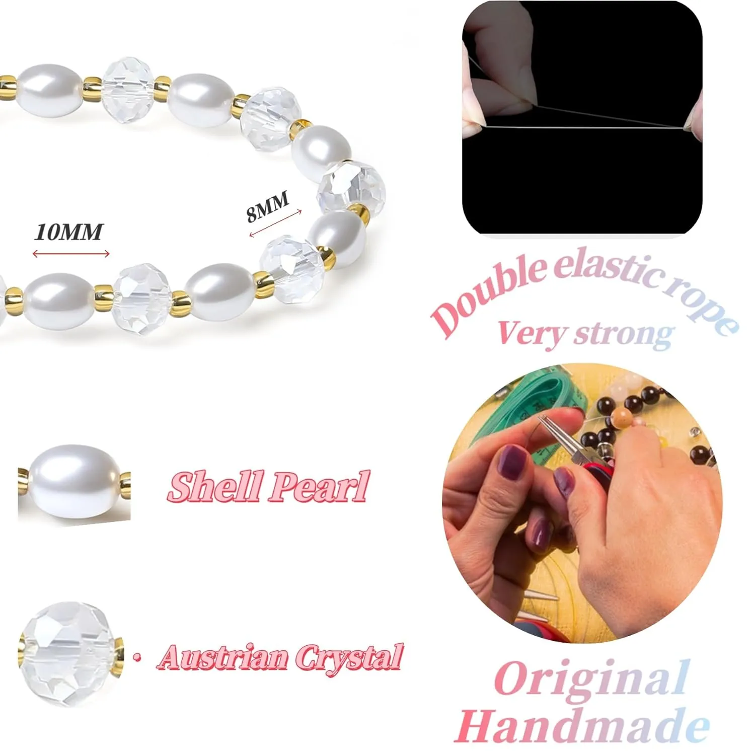 Handmade Women's Stretch Bracelets Pearl Crystal faceted Austrian Crystal Multicolor 8MM Crystal Beads Shell Pearl Jewelry for Women (White)