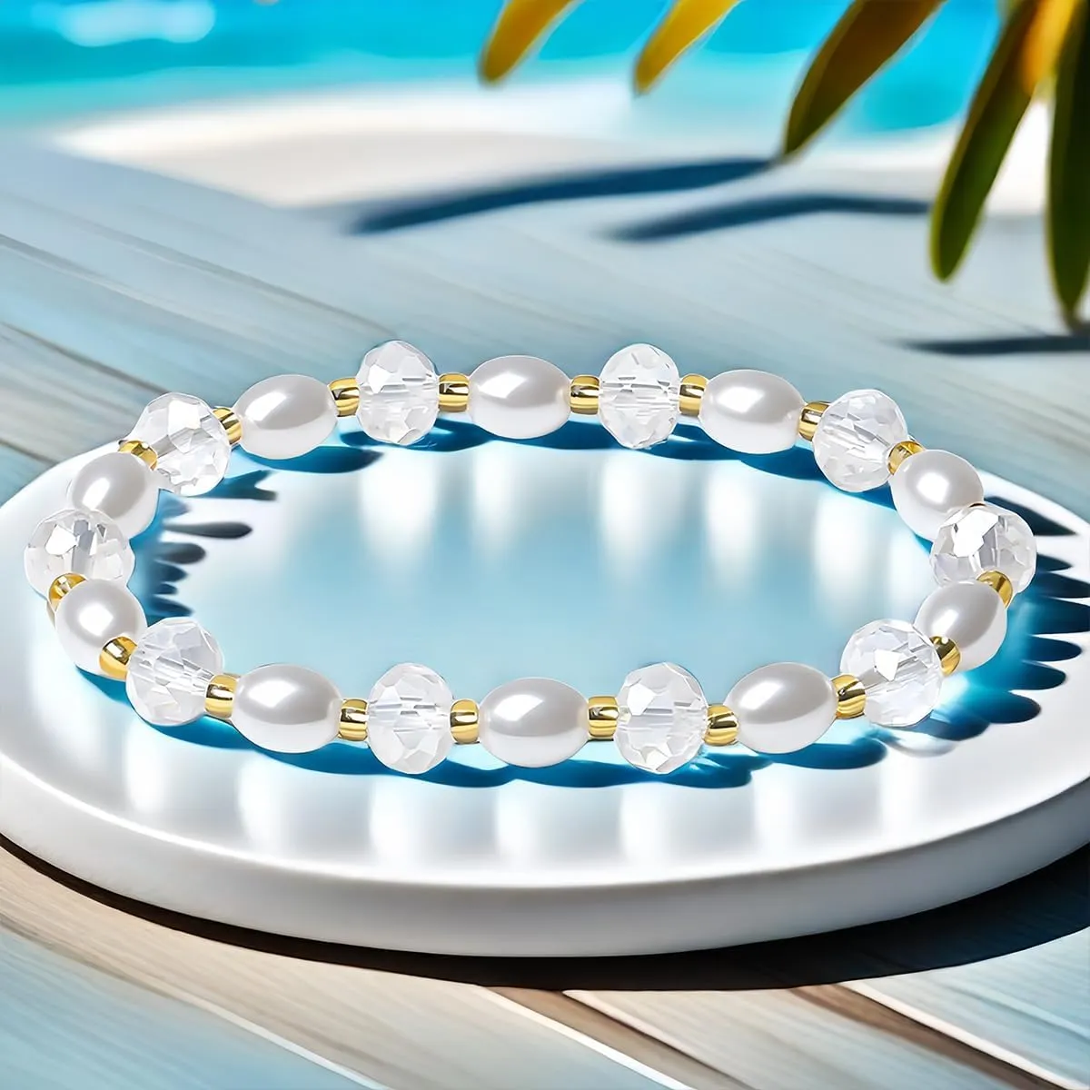 Handmade Women's Stretch Bracelets Pearl Crystal faceted Austrian Crystal Multicolor 8MM Crystal Beads Shell Pearl Jewelry for Women (White)