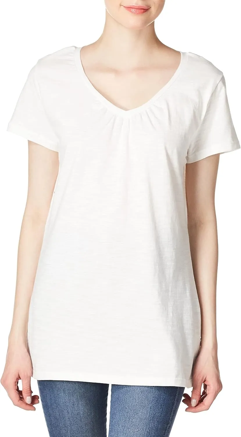 Hanes Women's Shirts, Slub Cotton Shirred V-Neck Tee, Cotton T-Shirts for Women, Womens Tee Shirts
