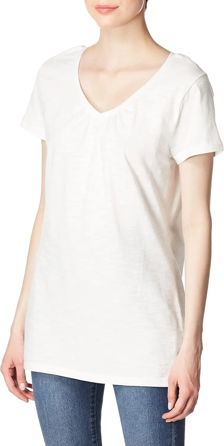 Hanes Women's Shirts, Slub Cotton Shirred V-Neck Tee, Cotton T-Shirts for Women, Womens Tee Shirts