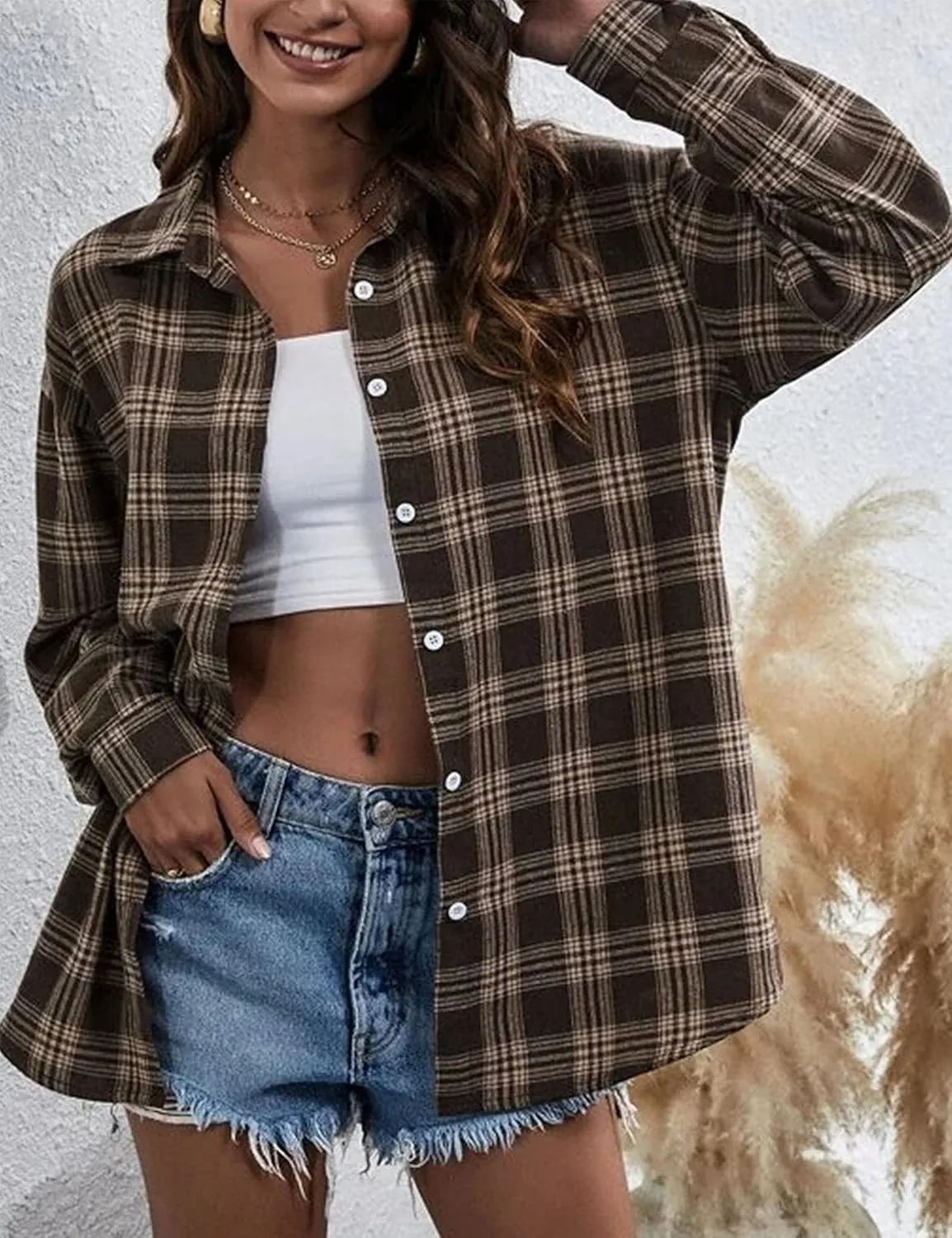 HangNiFang Womens Flannel Plaid Shirts Oversized Button Down Shirts Blouse Tops