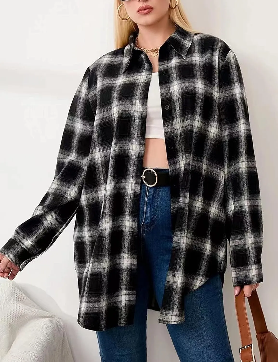 HangNiFang Womens Flannel Plaid Shirts Oversized Button Down Shirts Blouse Tops