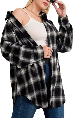 HangNiFang Womens Flannel Plaid Shirts Oversized Button Down Shirts Blouse Tops