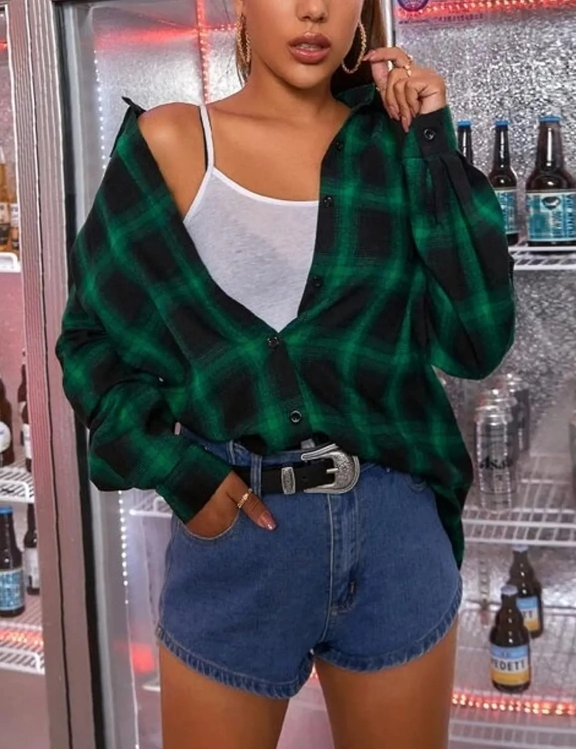 HangNiFang Womens Flannel Plaid Shirts Oversized Button Down Shirts Blouse Tops