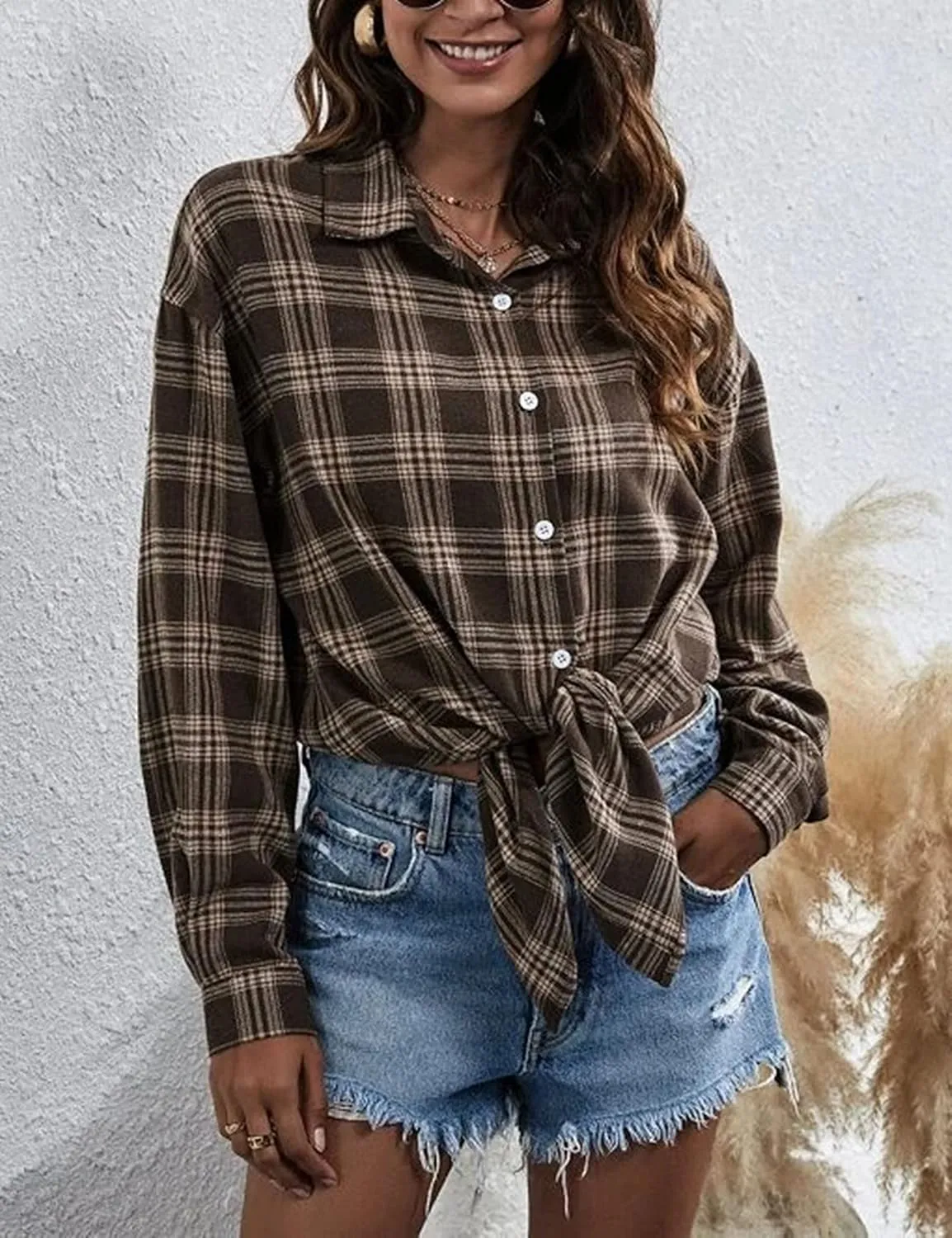 HangNiFang Womens Flannel Plaid Shirts Oversized Button Down Shirts Blouse Tops