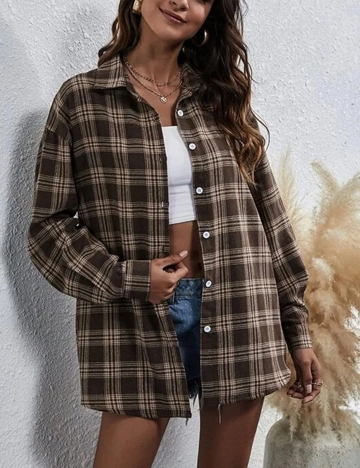 HangNiFang Womens Flannel Plaid Shirts Oversized Button Down Shirts Blouse Tops