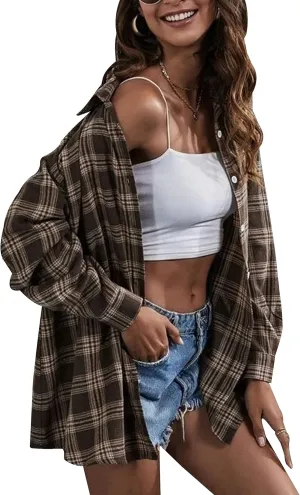 HangNiFang Womens Flannel Plaid Shirts Oversized Button Down Shirts Blouse Tops