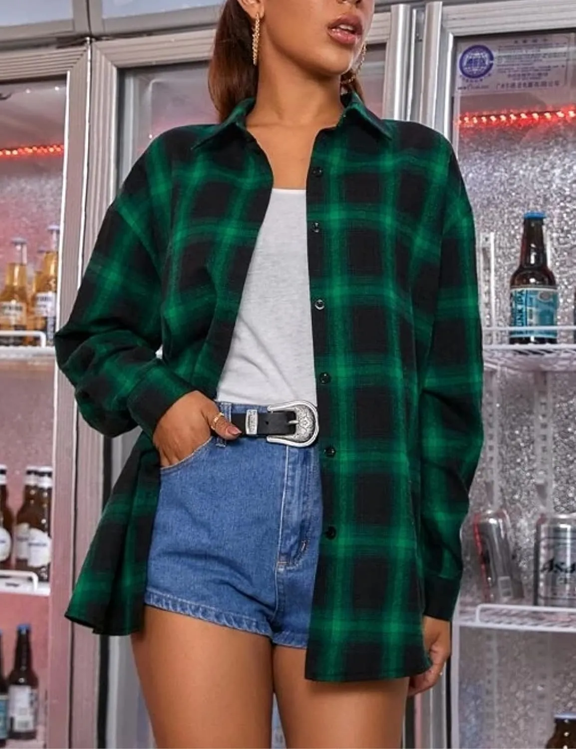 HangNiFang Womens Flannel Plaid Shirts Oversized Button Down Shirts Blouse Tops