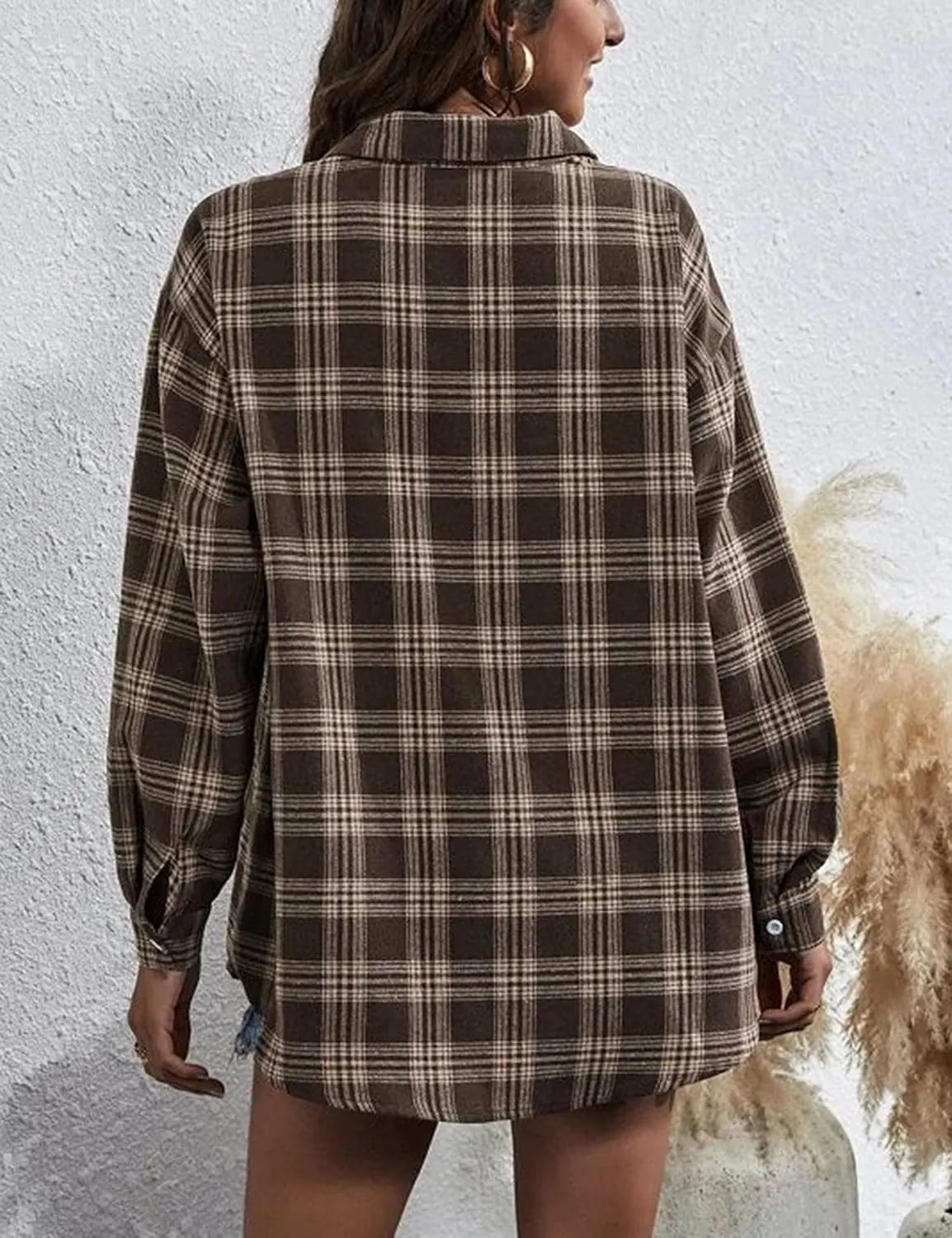 HangNiFang Womens Flannel Plaid Shirts Oversized Button Down Shirts Blouse Tops