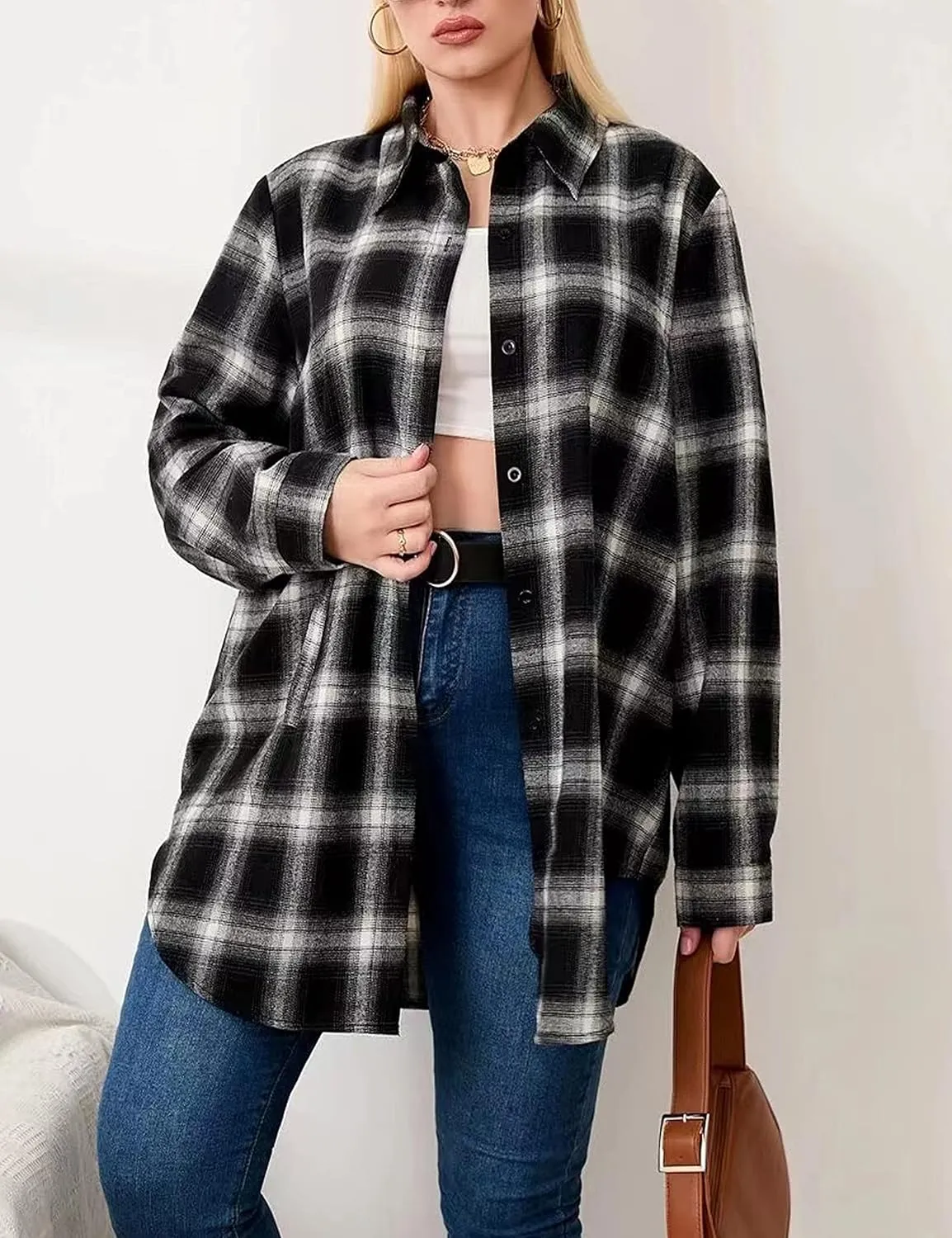 HangNiFang Womens Flannel Plaid Shirts Oversized Button Down Shirts Blouse Tops