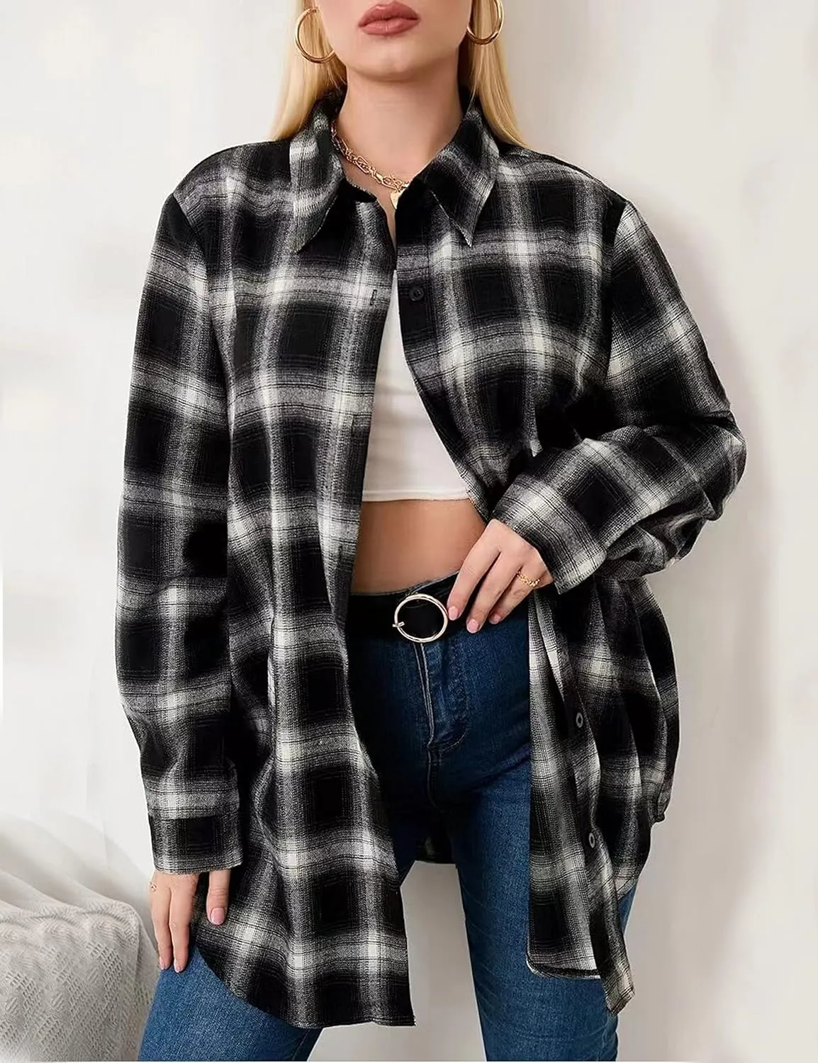 HangNiFang Womens Flannel Plaid Shirts Oversized Button Down Shirts Blouse Tops