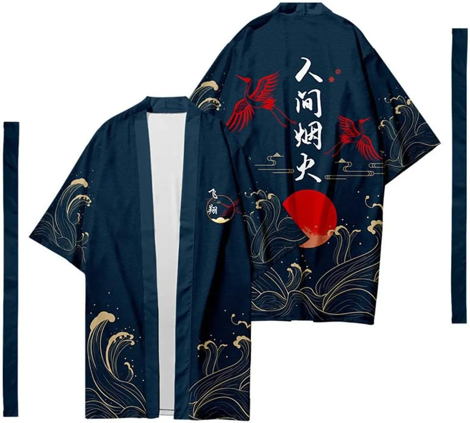 Harajuku Japanese Long Kimono Cardigan for Men Traditional Graphic Print Yukata Robe Seven Sleeves Coat Outwear