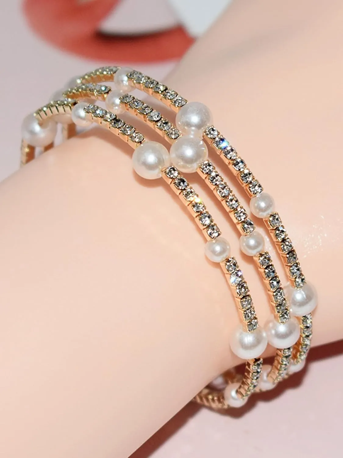 Harry and Henry 3 Layered Pearl Bracelets for Women Sparkling Rhinestone Bracelets Gold Silver Wedding Bracelet Prom Jewelry Christmas Gifts