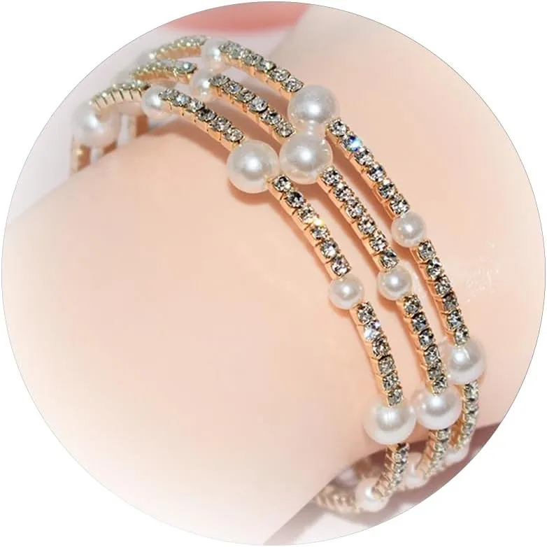 Harry and Henry 3 Layered Pearl Bracelets for Women Sparkling Rhinestone Bracelets Gold Silver Wedding Bracelet Prom Jewelry Christmas Gifts