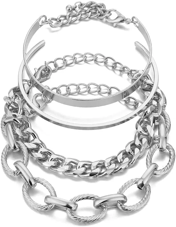 Harry and Henry 4 Pcs Gold Bracelets for Women Gold Layered Barcelet Cuban Link Chain Bracelet Gold Bangle Bracelet Gold Cuff Bracelets Stackable Bracelets Jewelry Gift for Girls