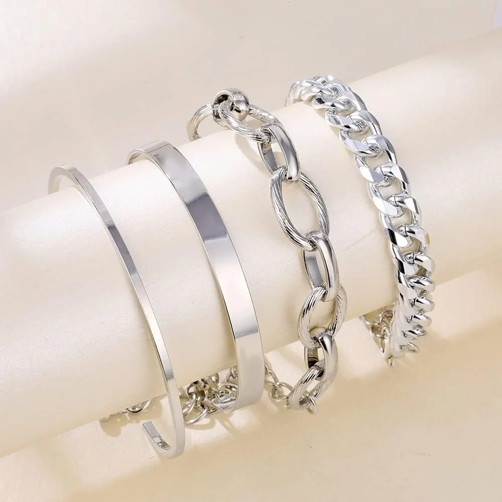 Harry and Henry 4 Pcs Gold Bracelets for Women Gold Layered Barcelet Cuban Link Chain Bracelet Gold Bangle Bracelet Gold Cuff Bracelets Stackable Bracelets Jewelry Gift for Girls
